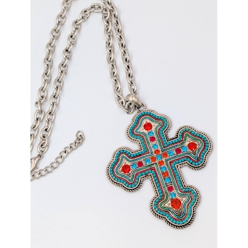 Rhinestones Cross Necklace Silver Tone Rolo‎ Chain Chunky Statement Piece Y2K